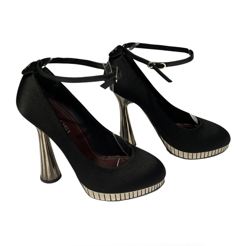 pre-loved CHANEL black and silver satin platform heels | Size 38.5