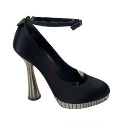 pre-owned CHANEL black and silver satin platform heels | Size 38.5