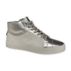 second hand Chanel white and silver ankle trainers 