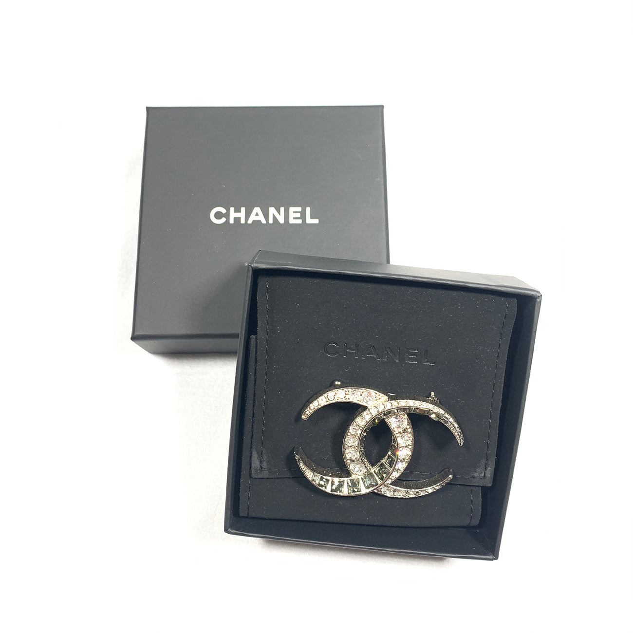 Chanel Brand New Silver Grey Ombre Black Curve Brooch - LAR Vintage