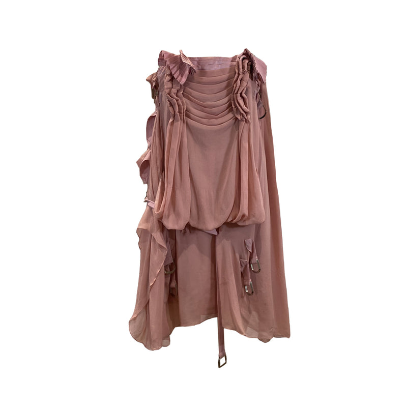 pre-owned CHRISTIAN DIOR ruffled pink strapless mini dress | Size FR36