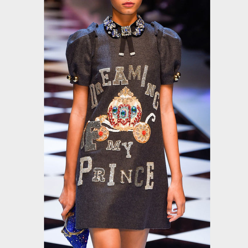 DOLCE&GABBANA Dreaming Of My Prince crystal-embellished  grey wool mini dress