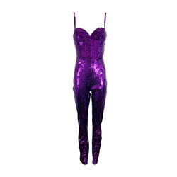 pre-owned DUNDAS purple sequined jumpsuit with crystals | Size IT38