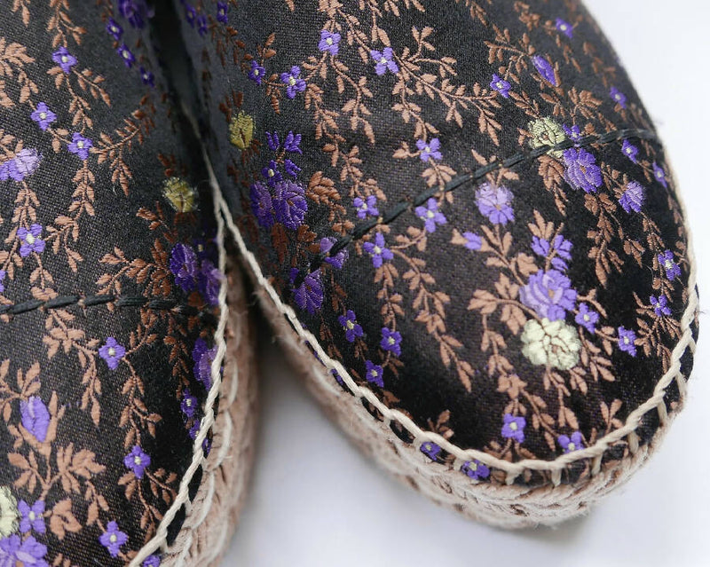 Prada women's lilac and black flower print brocade platform espadrilles