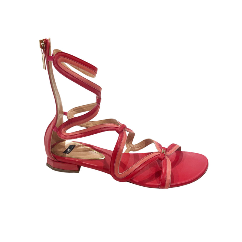 pre-owned ELISABETTA FRANCHI raspberry Ancient Greek leather sandals | Size 38