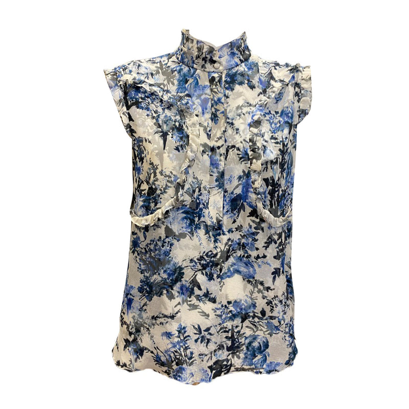 pre-loved ERDEM blue and white floral print layered silk blouse | Size UK14