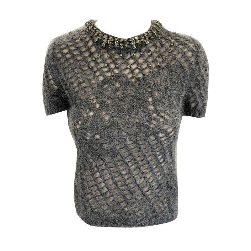 pre-owned Ermanno Scervino grey knitted top with embellished collar | Size XS