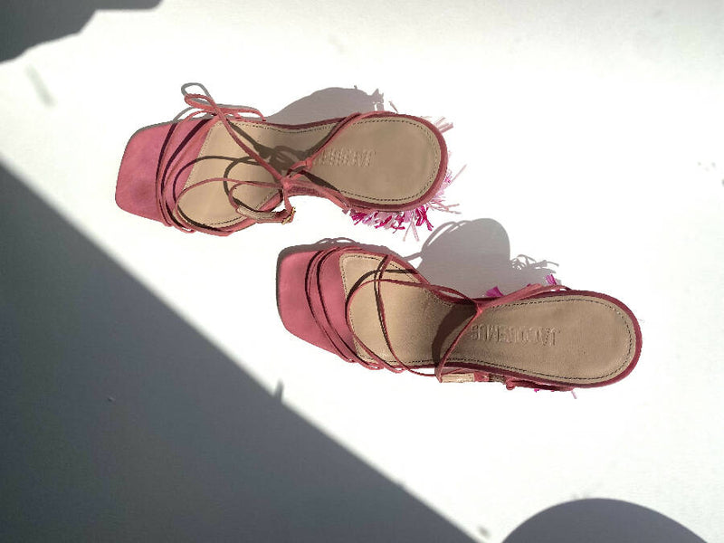 Jacquemus pink suede stappy pompom heels