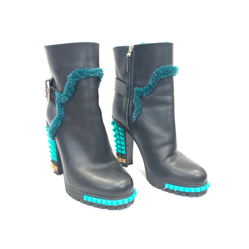 Fendi black leather boots with turquoise rockstud platform boots
