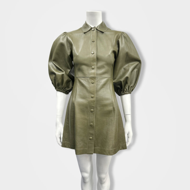 pre-loved GANNI green leather mini dress | Size FR34