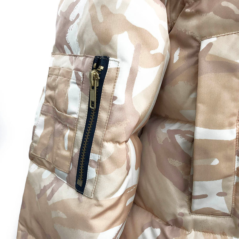 GANNI beige military print puffer coat