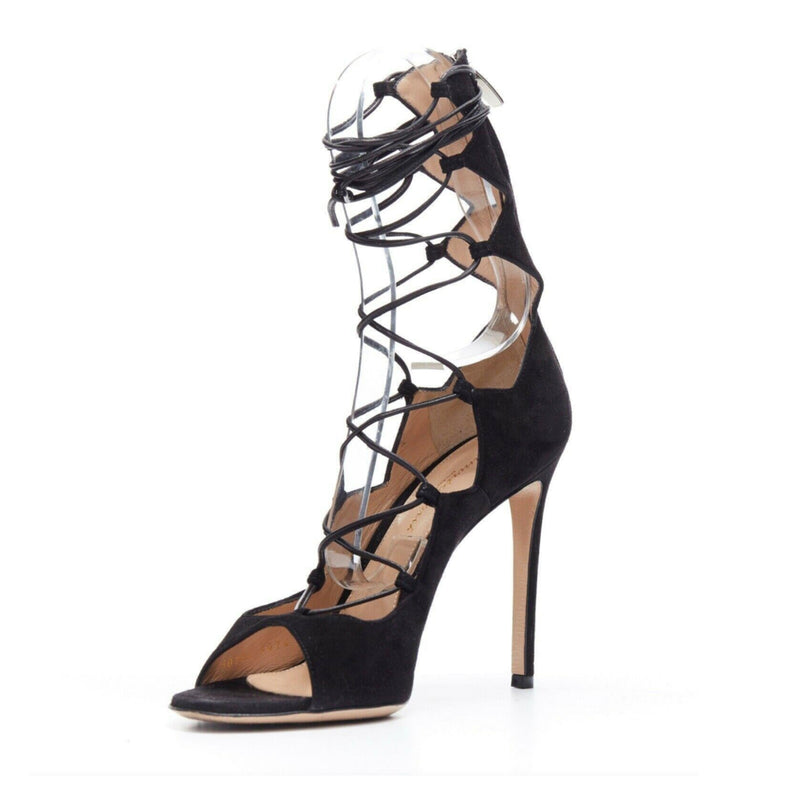 second hand Gianvito Rossi black suede lace up sandal heels
