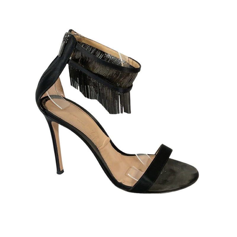 pre-owned GIANVITO ROSSI black satin heels with metal fringes | Size 38