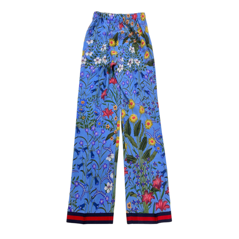 second-hand GUCCI blue silk floral print trousers | Size UK8