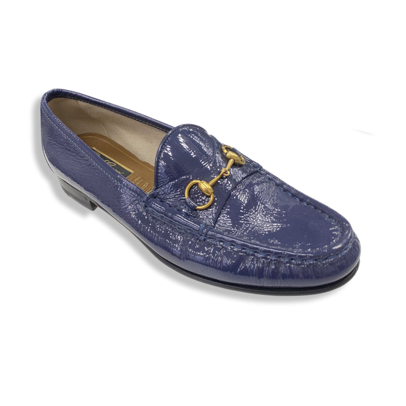 pre-loved GUCCI navy patent leather loafers | Size 39.5