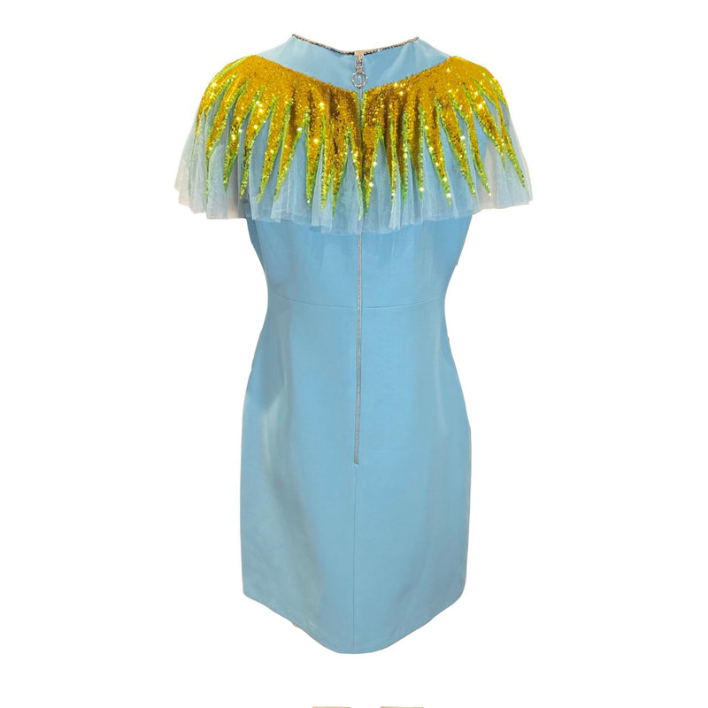 GUCCI blue viscose dress with sequin-embellished collar