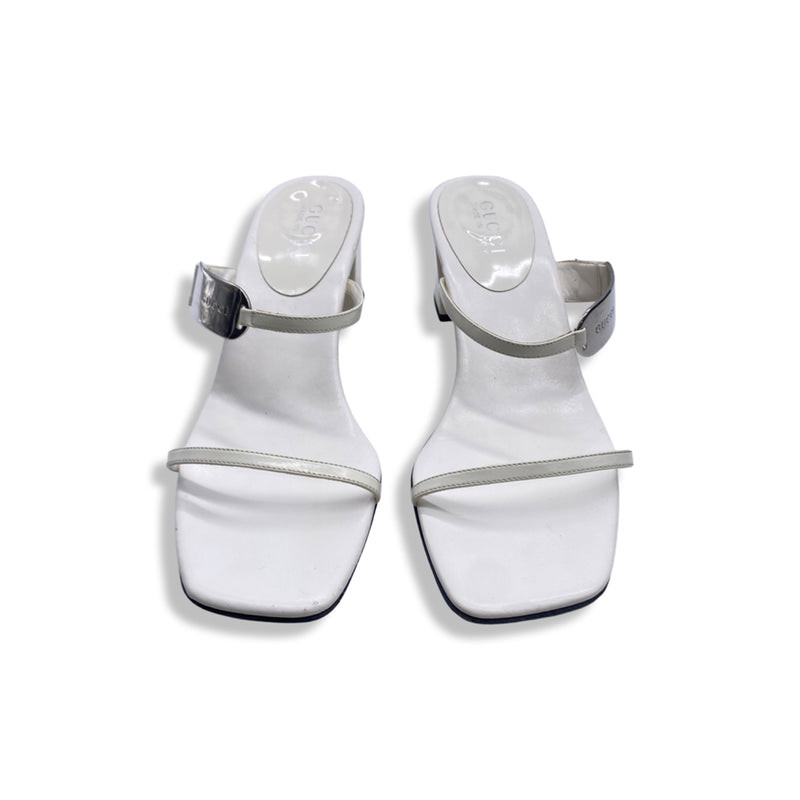 second-hand GUCCI white leather block heel mules | Size 37.5