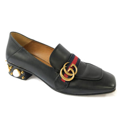 Gucci black Peyton mid-heel pearl and leather loafer | size 39.5