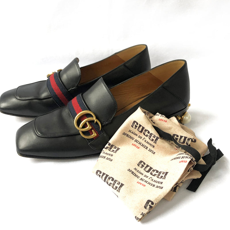 Gucci black Peyton mid-heel pearl and leather loafer