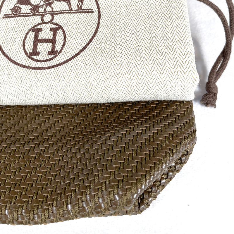 HERMÈS olive green and brown woven leather tote