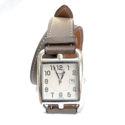 HERMÈS silver automatic Cape Cod PM double taupe leather strap watch 