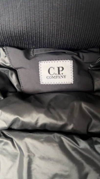 C.P Company men's black nylon down puffer jacket with hood and goggles