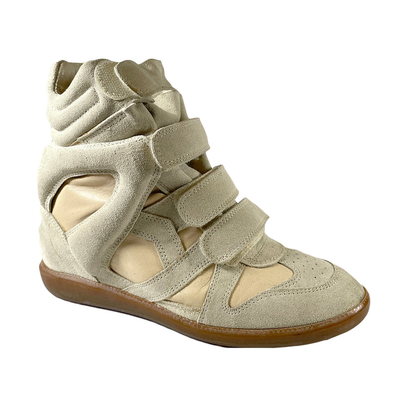 second hand ISABEL MARANT ecru wedge suede sneakers with velcro fastening