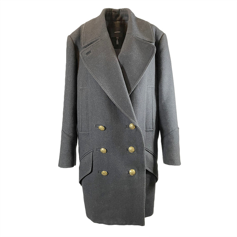 Isabel Marant dark grey wool double-breasted coat with gold buttons 
