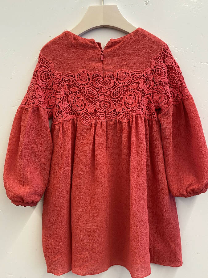 CHLOE Girls Embroidered Detail Crochet Dress in Red