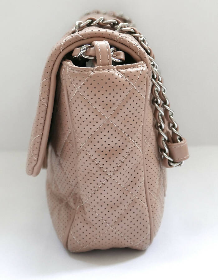 Chanel beige perforated quilted leather classic flap handbag
