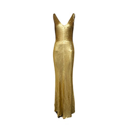 pre-owned JENNY PACKHAM gold sequined silk maxi dress | Size UK12
