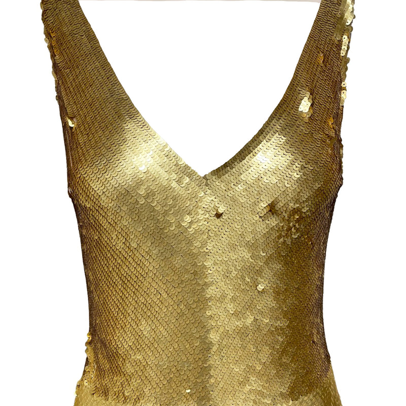 second-hand JENNY PACKHAM gold sequined silk maxi dress | Size UK12