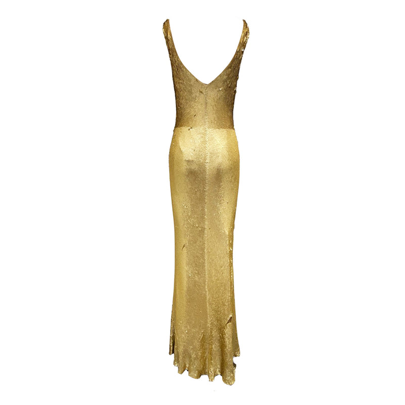 pre-loved JENNY PACKHAM gold sequined silk maxi dress | Size UK12