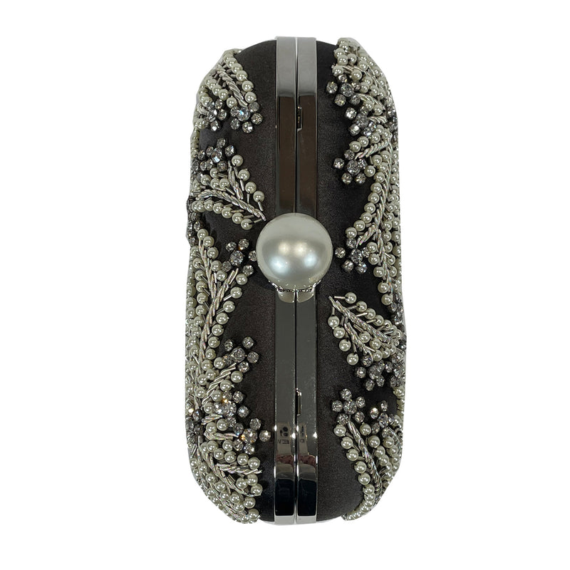 Jimmy Choo black crystal and pearl embellished silk clutch