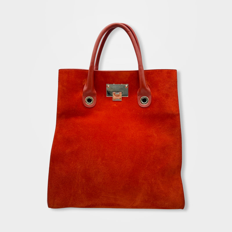 pre-loved JIMMY CHOO red orange suede tote bag