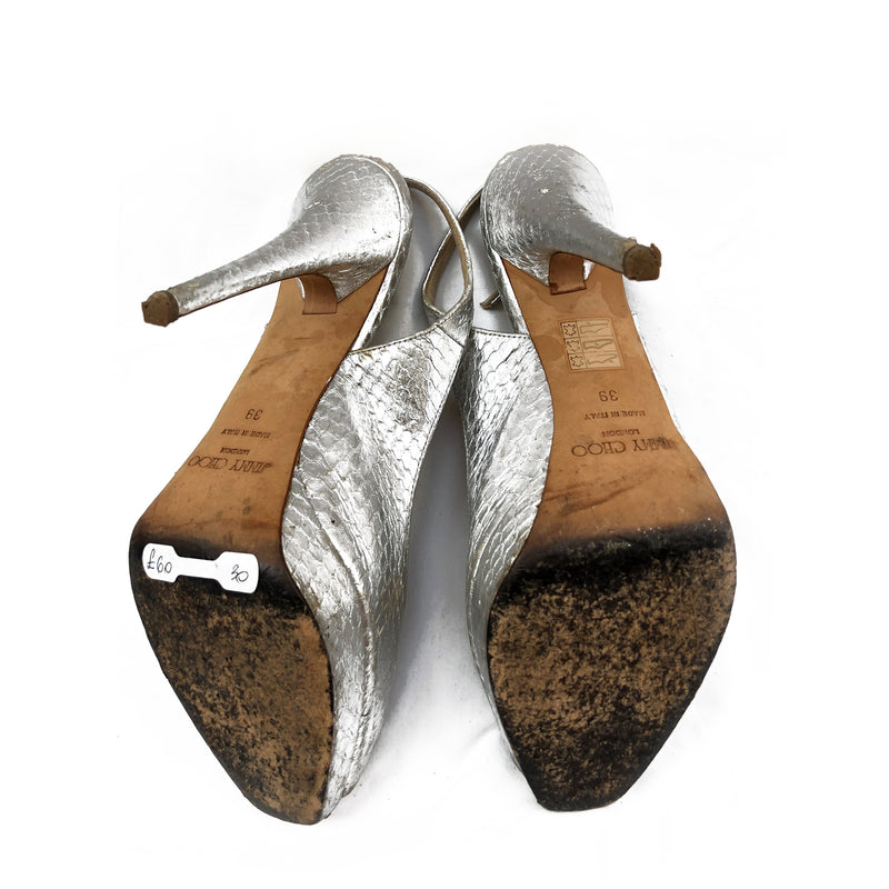 JIMMY CHOO silver python open toe heels