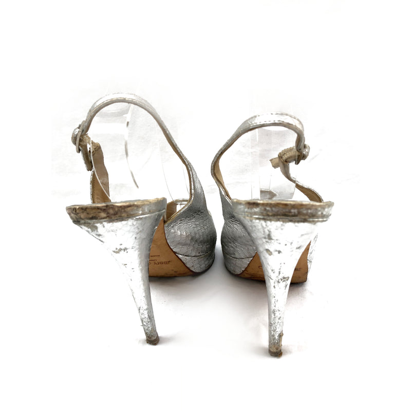 JIMMY CHOO silver python open toe heels