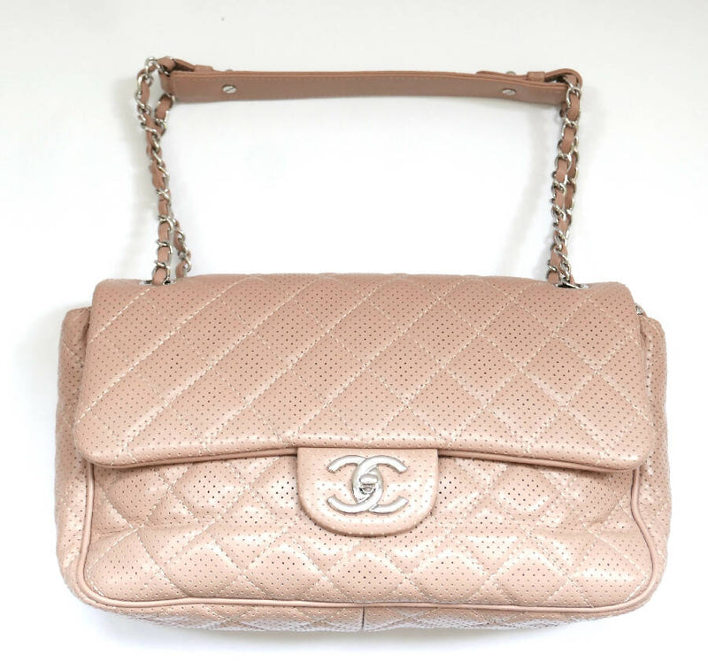 Chanel beige perforated quilted leather classic flap handbag