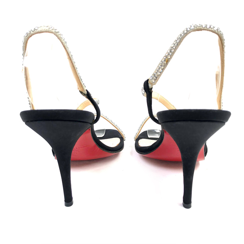 CHRISTIAN LOUBOUTIN black satin heels with Swarovski crystal strap