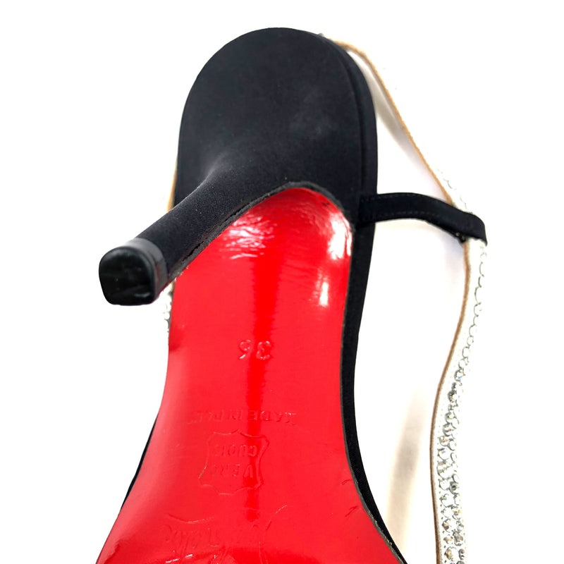 CHRISTIAN LOUBOUTIN black satin heels with Swarovski crystal strap