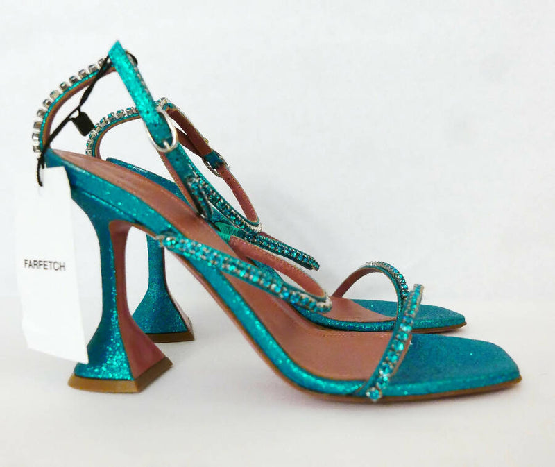 Amina Muaddi turquoise glittered leather Gilda Sandals with crystals trimmed straps
