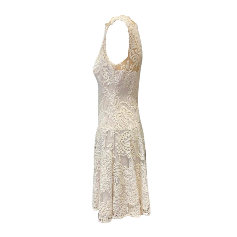 pre-owned MARCHESA NOTTE ecru lace sleeveless dress with embroidery | Size 2
