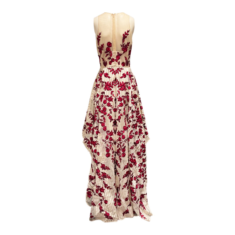 second-hand MARCHESA NOTTE beige and burgundy floral-embroidered maxi dress | Size UK8