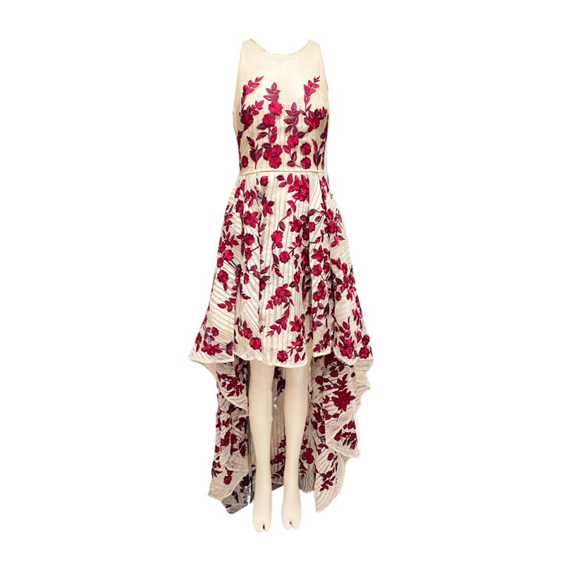 pre-owned MARCHESA NOTTE beige and burgundy floral-embroidered maxi dress | Size UK8