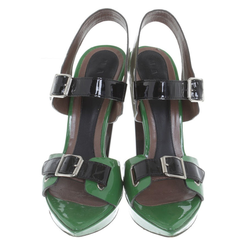 Marni green, black and beige patent leather sandal heels