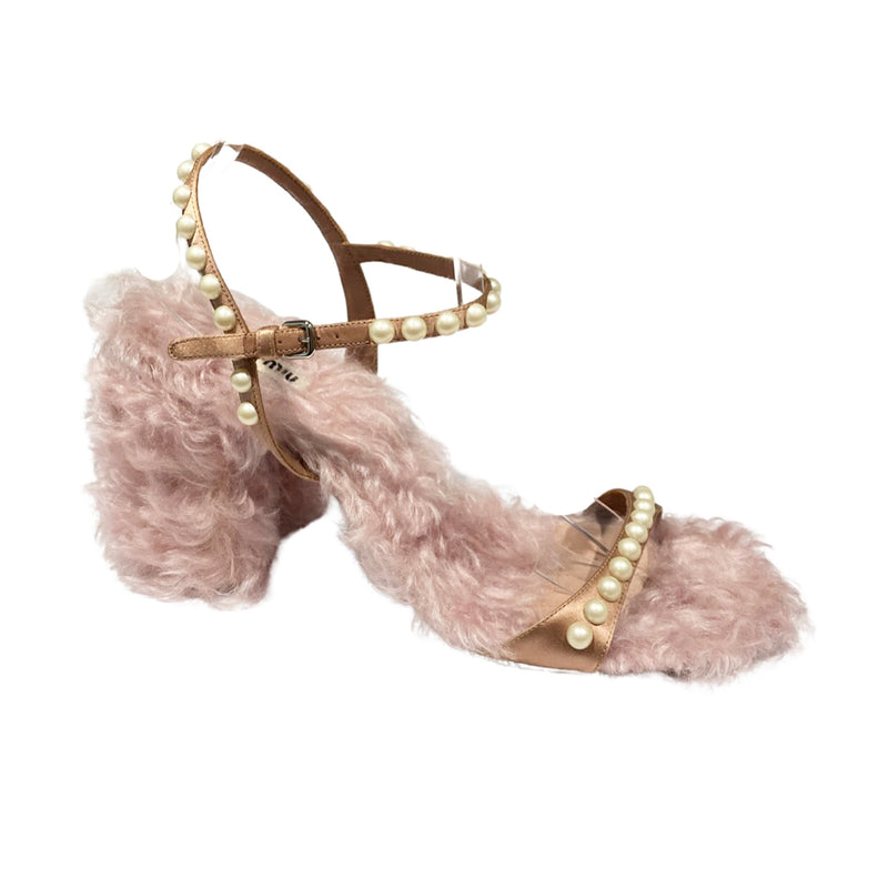 pre-owned Miu Miu pink fur sandals with pearls | Size 39.5
