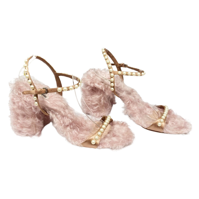 pre-loved Miu Miu pink fur sandals with pearls | Size 39.5