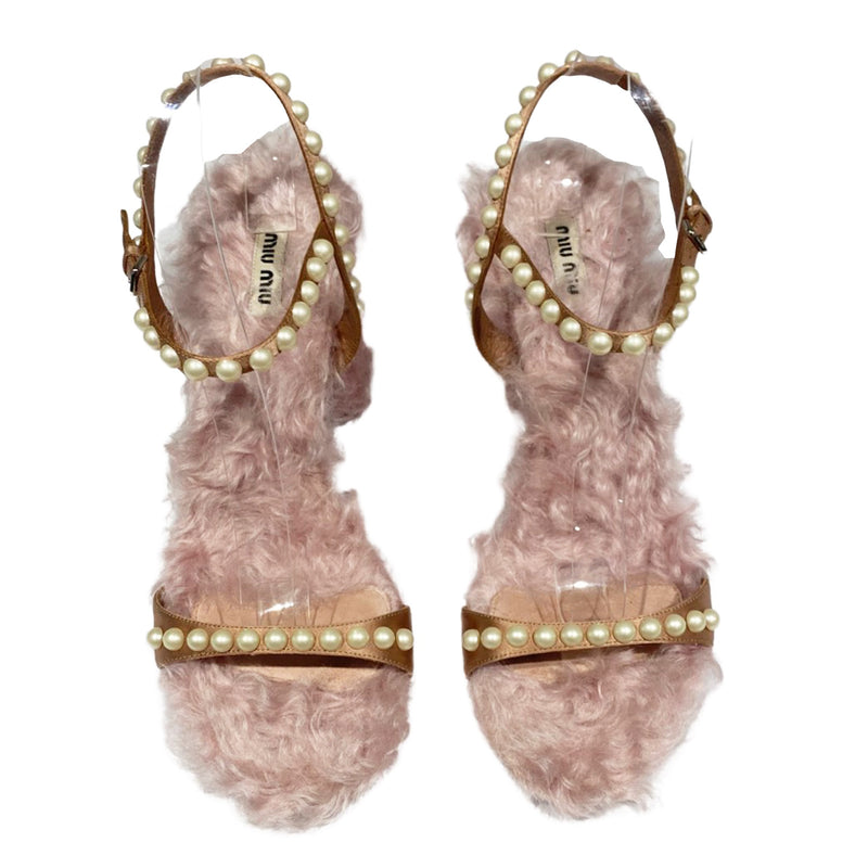 second-hand Miu Miu pink fur sandals with pearls | Size 39.5