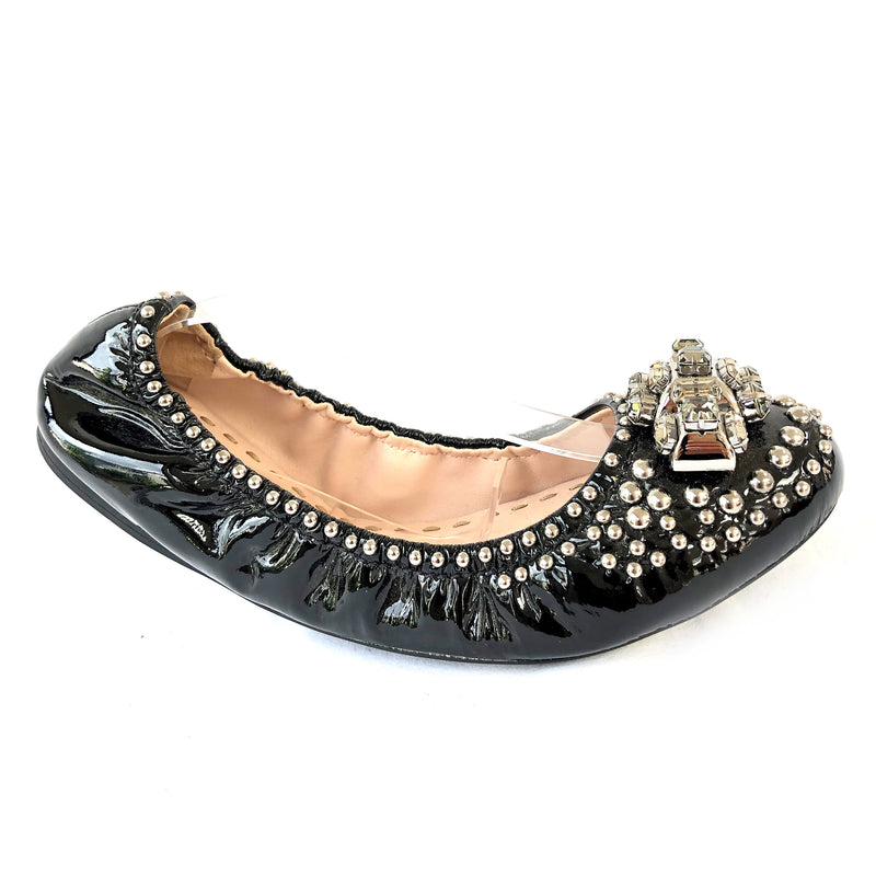 MIU MIU black patent leather ballerinas with studs and crystal details