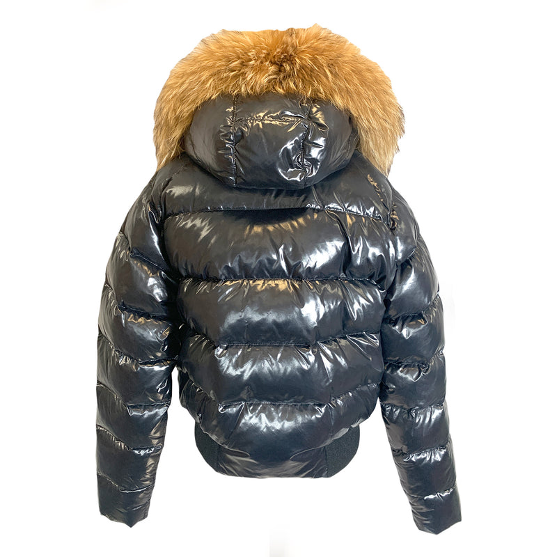 Moncler black down bomber jacket with fur collar 